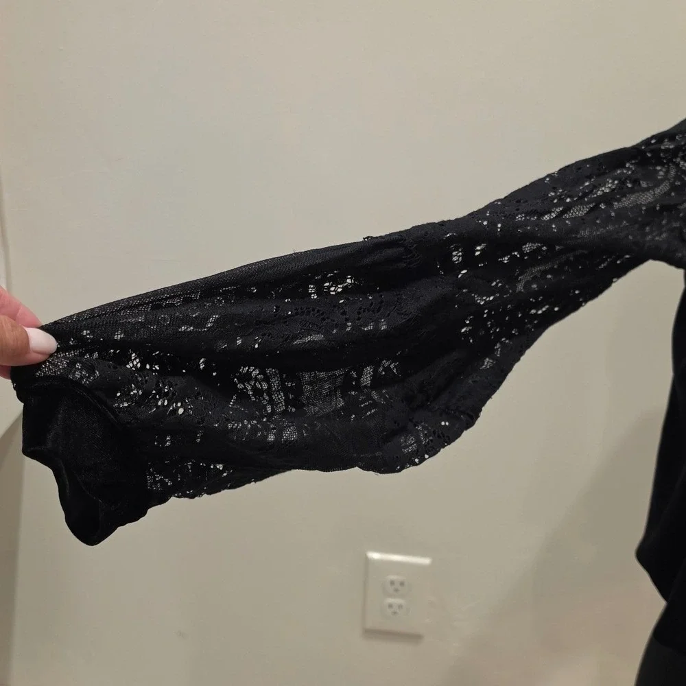 Free People Black Velvet Lace Sleeve Mock Neck Top XS Whimsigoth Gothic romance